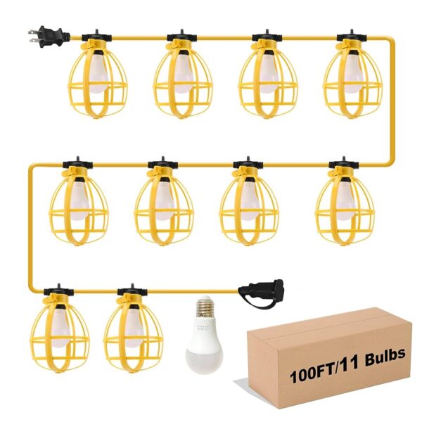 100FT Construction String Lights, 100W 11 Bulbs Work Lights with E26 Base, Construction Lights IP65 Waterproof, 8000LM 6500K Temporary Lighting for Indoor Workshop, Mine cave,...