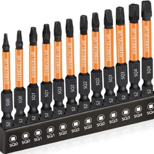 12-Pack Square Drive Bits- PREMIUM S2 Alloy Steel Square Bit Set Magnetic Heads- Robertson Square Drill Bit Set (Long 2.55"& Hex Shank) Square Head Screwdriver Sizes #0, 1, 2,...