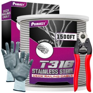 1500FT 1/8” T316 Premium Stainless Steel Deck Cable Railing Kit with Cutter & Gloves, 7x7 Strands Construction, Cable Railing Hardware System, Stair Railing, Wire Rope Aircraft...