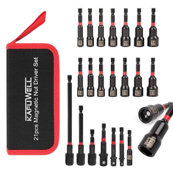 21PCS Nut Driver Set Magnetic, 1/4" Impact Drill Driver Bit Set, Metric and SAE, Impact Socket Adapters, Quick-Release Bit Holder with Storage Bag