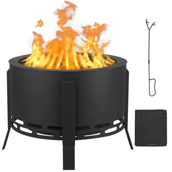 26" Smokeless Fire Pit with Ash Tray Base, Wood Burning Firepit with Adjustable Foot&Fire Poker,Smokeless Outdoor Fireplace with Dust Bag, Outdoor Fire Pits for BBQ,Bonfire,Camping