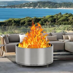 27 Inch Smokeless Fire Pit with Air Switch, Wood Burning Portable Stainless Steel Outdoor Firepit with Removable Stand and Ash Pan, Ideal for Outdoor Camping Backyard Patio...