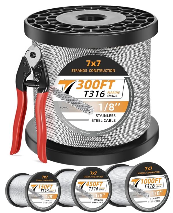 300FT 1/8 Stainless Steel Cable for Deck Cable Railing System,Premium T316 Aircraft Cable Kits,7x7 Strands Construction Braided Stainless Wire, 1/8 inch Wire Rope Cable with a...