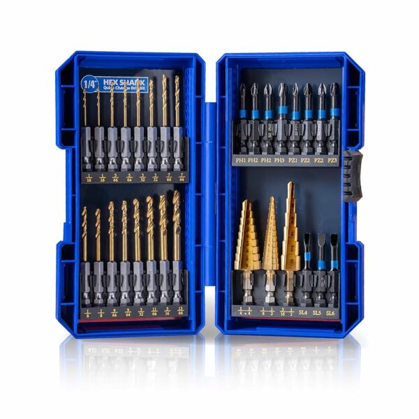 30PCS Impact Driver Bit Set Include Screwdriver Bit Set,Step Drill Bit,Hex Shank Drill Bit with Tough Stackable Case, Idea for Hanging Pictures, Assembling Furniture and Home Tasks