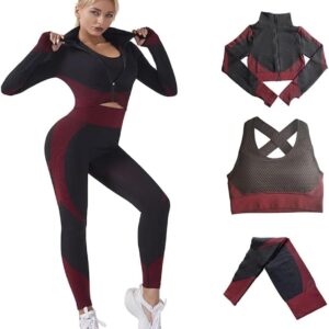 3pcs Seamless Outfit Workout Sets Gym for Women, Fitness Sports School Running Clothes Yoga Sportswear