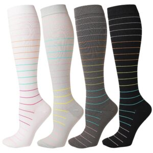 4 Pairs Compression Socks for Woman & Man Unisex 20-30mmHg Knee high Plus Size Wide Calves for Flying Running…