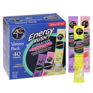 4C Energy Rush PSD with Electrolytes Variety Pack Stix, 40 ct (14 Lemonade, 12 Strawberry/14 Grape)