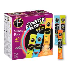 4C Energy Rush Stix, Variety 1 Pack, 40 Count, Single Serve Water Flavoring Packets, Sugar Free with Taurine, On the Go Bundle (20 Berry, 10 Orange, 10 Citrus)