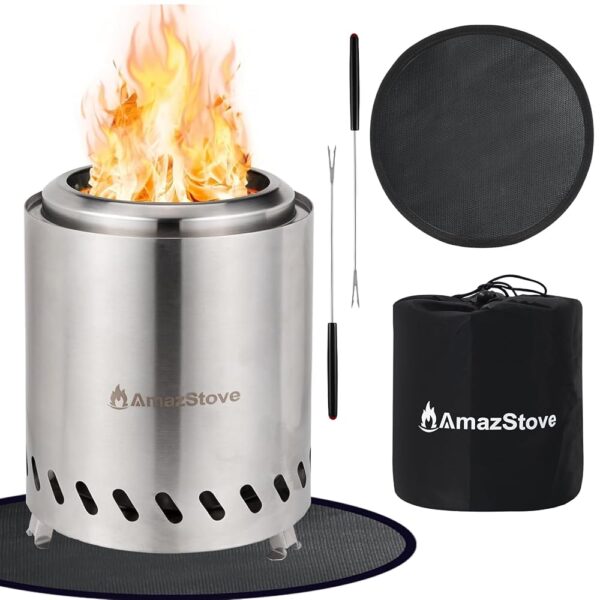9 x 7 Inch Tabletop Fire Pit by AmazStove, Low Smoke Camping Stove for Outdoor Safe Burning Firepits, Fueled Pellets or Wood, Travel Bag Included, Silver