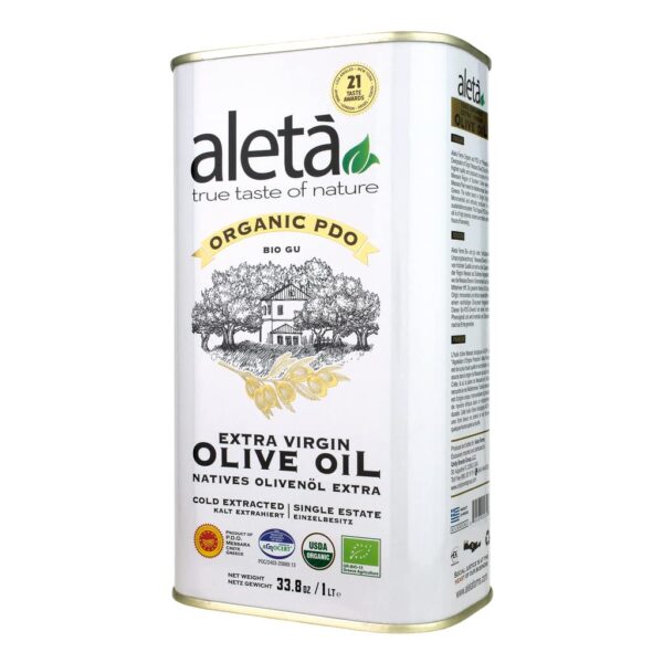 Aleta, USDA Organic Greek Extra Virgin Olive Oil, EU Certified Single Estate PDO Greece, 1 Lt (33.8 oz.) Tin, Kosher EK, Pack of 1