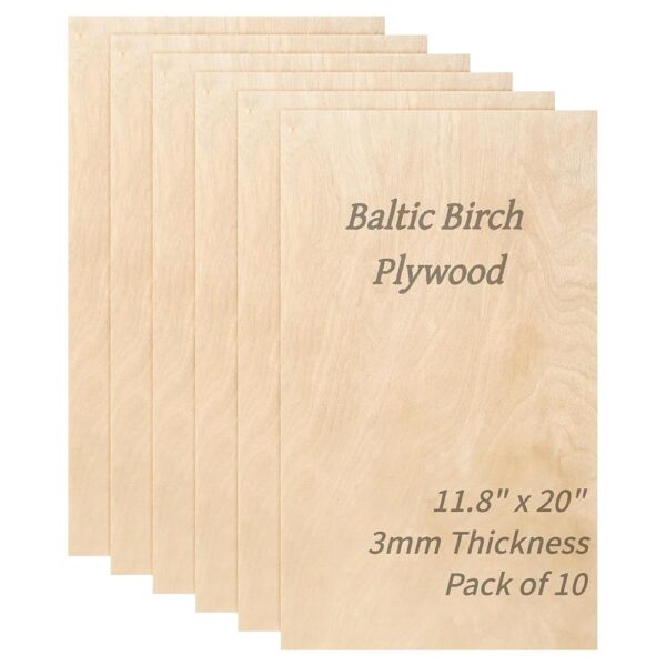 Baltic Birch Plywood 1/8x11.8x20 Inch 3 mm Thickness Wood for Laser Cutting and DIY Crafts Rectangle Wood Sheet - 10 Pack