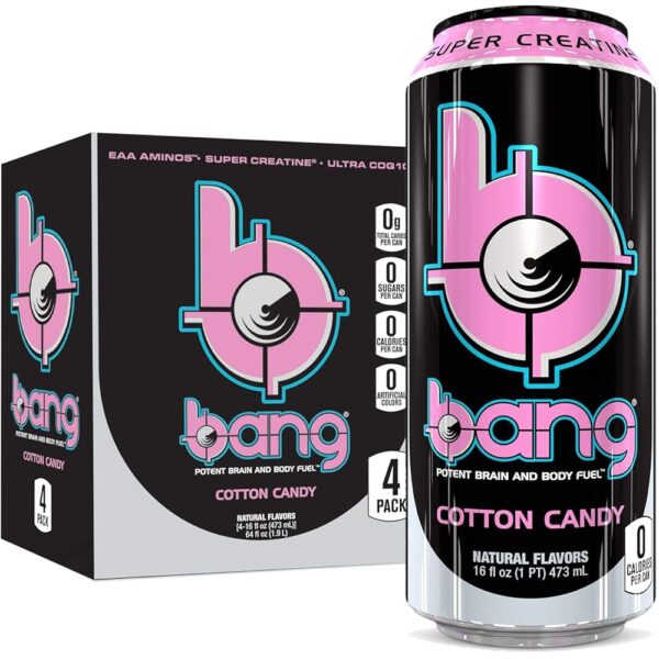 Bang Cotton Candy Energy Drink, 0 Calories, Sugar Free with Super Creatine, 16oz, 4 Count