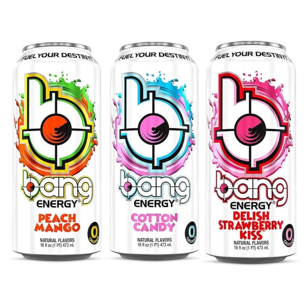 Bang Energy 3 Flavor Variety Packs 12 Cans (Black Cherry Vanilla Peach Mango Delish Strawberry Kiss)