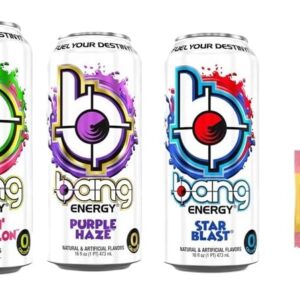 Bang Energy Drink Variety Pack - Strawberry Delish, Wydlin' Watemelon, Purple Haze, Starblast 16 ounce (Pack of 12) and Stinger Pink Lemonade Chews