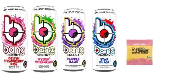 Bang Energy Drink Variety Pack - Strawberry Delish, Wydlin' Watemelon, Purple Haze, Starblast 16 ounce (Pack of 12) and Stinger Pink Lemonade Chews