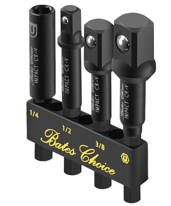 Bates- Impact Socket Adapter Set with Magnetic Bit Holder, 4 pcs, 1/4", 3/8", 1/2" Hex Shank, 3/8 Adapter for Impact Driver Socket Set, Impact Drill Socket Set for Drill, Impact...