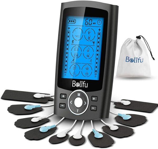 Belifu Dual Channel TENS EMS Unit 24 Modes Muscle Stimulator for Pain Relief Therapy, Electronic Pulse Massager Muscle Massager with 10 Pads, Dust-Proof Drawstring Storage Bag,...