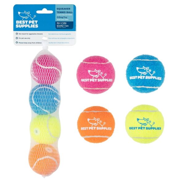 Best Pet Supplies Squeaky Tennis Toys for Dogs, 4-Pack, Heavy-Duty Interactive Pet Toys for Throwing and Fetching, Supports Exercise and Natural Behavior Training, Durable - Small