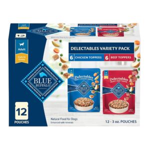 Blue Buffalo Delectables Natural Wet Dog Food Toppers Variety Pack, Tasty Chicken & Hearty Beef, Cuts in Gravy, 3-oz. (12 Pouches, 6 of Each Flavor)