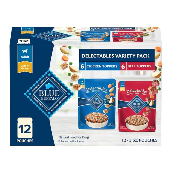 Blue Buffalo Delectables Natural Wet Dog Food Toppers Variety Pack, Tasty Chicken & Hearty Beef, Cuts in Gravy, 3-oz. (12 Pouches, 6 of Each Flavor)