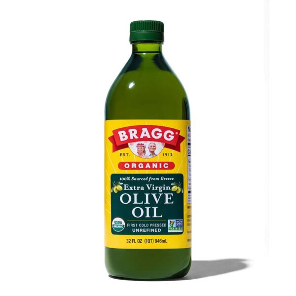 Bragg Organic Extra Virgin Olive Oil – Made with Greek Koroneiki Olives – Cold Pressed EVOO for Marinades & Vinaigrettes – USDA Certified, Non-GMO, Kosher 32 oz