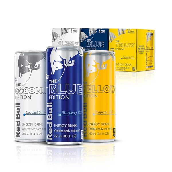 Bundle of Red Bull Coconut Edition Energy Drink, 8.4 Fl Oz Cans, (Pack of 4) + Red Bull Blueberry Energy Drink, 8.4 Fl Oz Cans, 4 Pack + Red Bull Tropical Energy Drink, 8.4 Fl...