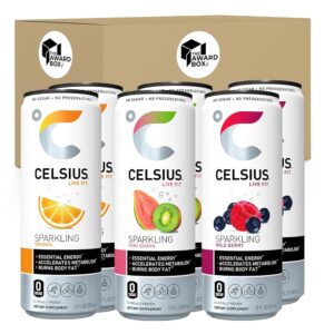 Celsis Sparkling Essential Energy Drink Assortment No Sugar or Preservatives 12 fl oz, Slim Cans Assorted Variety 6 Pack, in The Award Box Packaging Combo Box (Orange, Kiwi...