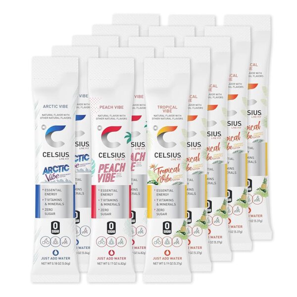 Celsius On The Go Powder Sticks New Variety Pack | Zero Sugar | Tropical Vibe, Peach Vibe, Arctic Vibe | 15 count |