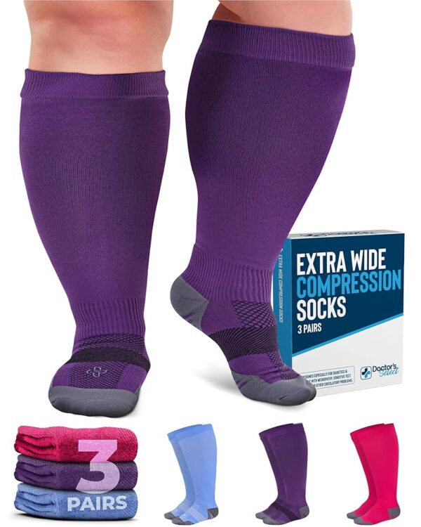 Doctor's Select 3 Pairs Plus Size Compression Socks Wide Calf - Up to 6XL | 20-30 mmHg Compression Socks for Women Wide Calf | Circulation Support Plus Size Compression Socks...