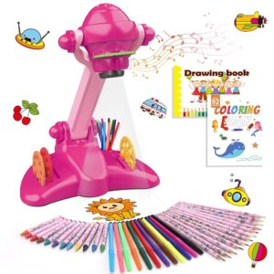 Drawing Projector for Kids, Art and Craft Kit, Toys for Girls Aged 3+, Including Colored Pencils, Crayons, Coloring Books, Drawing Stencil etc, Gift for 3+ Year Old Girls (Pink...