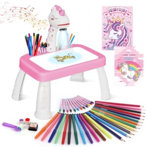 Drawing Projector for Kids，Projector for Drawing Toys for Ages 5-7，Drawing pad with Music，Pencils，Crayons，Scrapbook，Sticker Book，Unicorn Stickers，Kids Projector Unicorn Toys for...