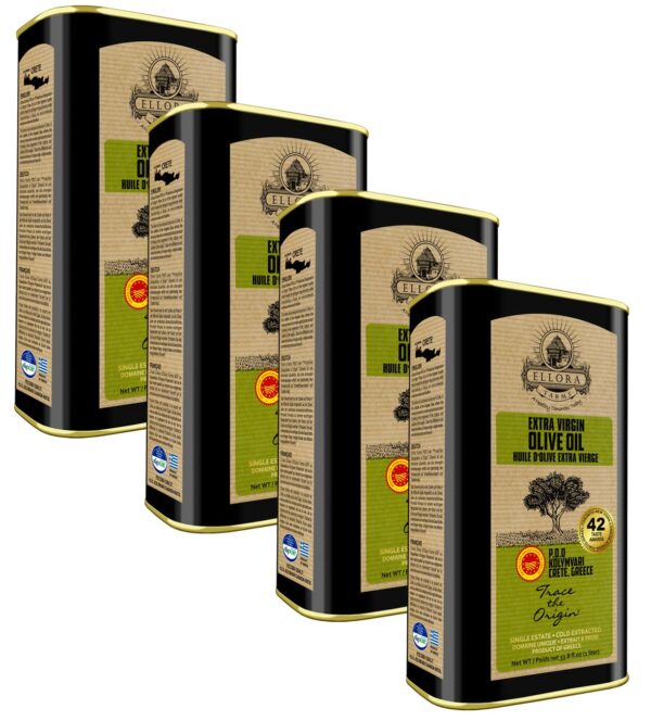 Ellora Farms, Single Estate PDO Greek Extra Virgin Olive Oil, Cold Pressed & Traceable Olive Oil, Kosher, 1 Lt Tin (33.8 oz.), Pack of 4