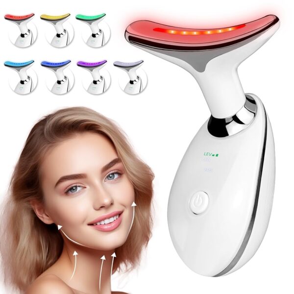 Face Neck Massager with 7-Color Light Modes for Skin Care,Tightening,Smoothness - Red LED Light Therapy Device Triple-Action Beauty Tool