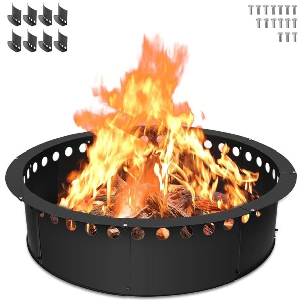 Fire Pit Ring for Outside, Smokeless Fire Ring with Venting Holes, Heavy-Duty Steel Fire Pit Rim Insert, DIY Firepit Liner for Above or In-Ground for Outdoor Camping/Bonfires...