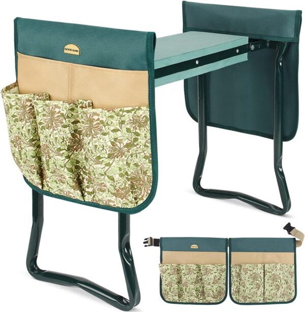 G GOOD GAIN Garden Kneeler Stool Seat,Foldable Garden Bench with Tools Bag Pouch,Thicken & Widen Soft EVA Foam Pad Outdoor Portable Kneeler Stool with Garden Apron Bags.Honey