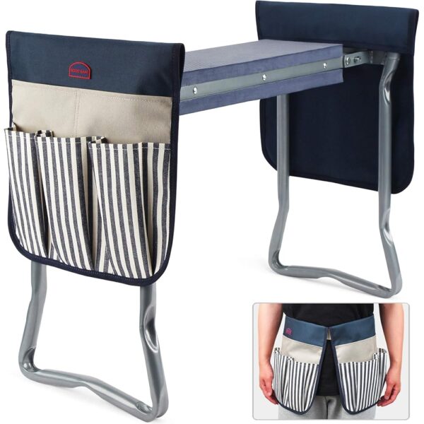 G GOOD GAIN Gardening Stool Widen Soft Kneeling Pad Garden Kneeler and Seat with 2 Larger Tool Pouches Outdoor Foldable Sturdy Gardening Tools Gifts for Gardeners, Navy