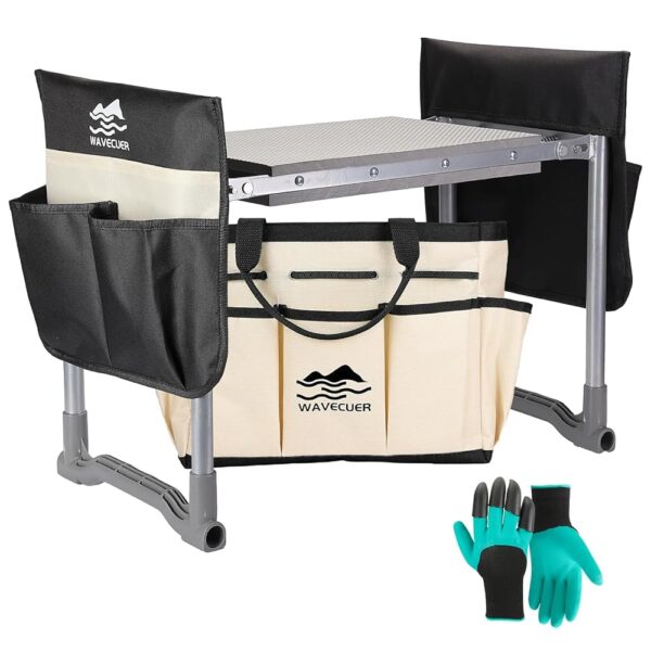 Garden Kneeler and Seat, Foldable Garden Stool 10.2" Width, Heavy Duty Knee Seat for Gardening with 2 Tool Pouches and Tool Bag & Gloves, Gardening Bench Accessories for Seniors...