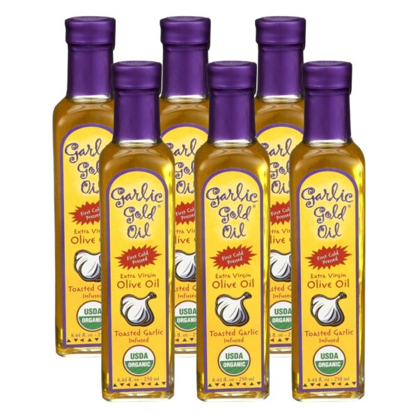 Garlic Gold Extra Virgin Olive Oil Infused with Garlic, Premium Certified USDA Organic, Low FODMAP, Cold Pressed (250 mL, 6 Pack)