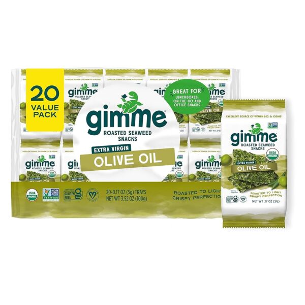 Gimme Seaweed - Extra Virgin Olive Oil - 20 Count - Organic Roasted Seaweed Sheets - Keto, Vegan, Gluten Free - Great Source of Iodine & Omega 3’s - Healthy On-The-Go Snack for...