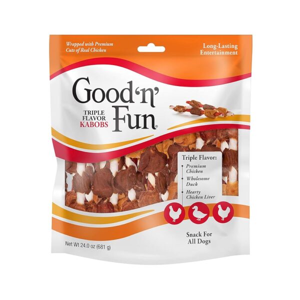 Good ‘n’ Fun Triple Flavor Kabobs Chews for All Dogs, Treat Your Dog to Chews Made from Beef Hide, Real Chicken, Pork Hide, Duck and Chicken Liver, 24 Ounces