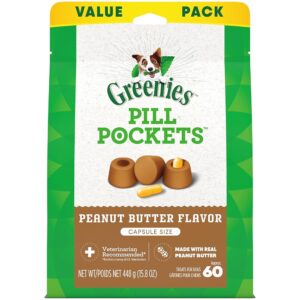 Greenies Pill Pockets for Dogs Capsule Size Natural Soft Dog Treats with Real Peanut Butter, 15.8 oz. Pouch (60 Treats)