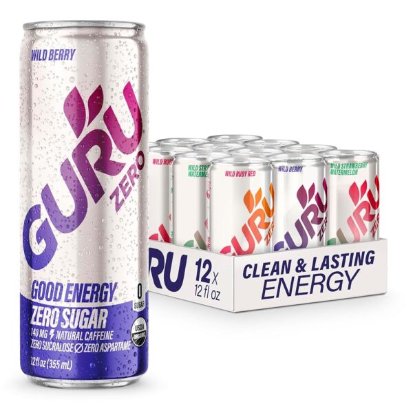 GURU ZERO SUGAR Organic Energy Drinks Variety Pack, Clean Energy Drink with Plant Based Natural Caffeine from Green Tea, Coconut Water, Prebiotic, Zero Added sugars, Gluten Free...