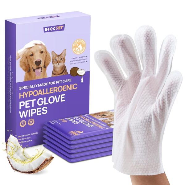 HICC PET Cleaning & Deodorizing Bath Wipes for Dogs and Cats, Hypoallergenic Nourish Fur Coconut Oil Dog Grooming Wipes, Puppy Bathing Gloves Wipes for Daily and Traveling