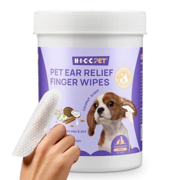 HICC PET Dog Ear Wipes Finger 50 Count Dog Ear Cleaner Wipes for Dogs & Cats, Dog Ear Infection Treatment to Relieve Ear Itching & Inflammation, Remove Ear Wax, Dirt, Smelly -...