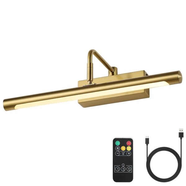Joosenhouse Battery Operated Picture Light Wireless Gallery Lights 5000mAh Rechargeable Wall Light with Remote Control Dimmable and Timer Off 15Inch Brass Color