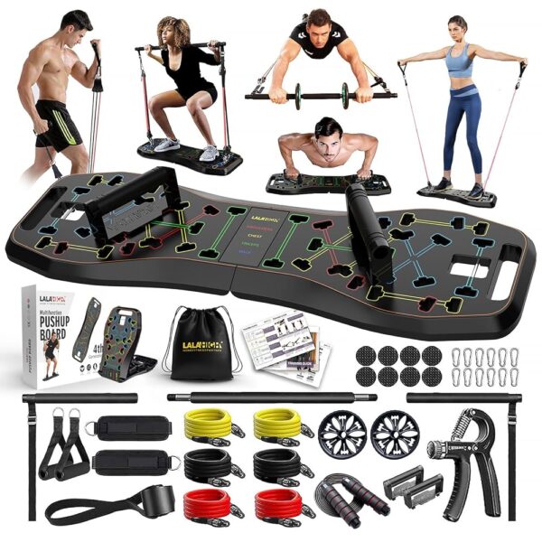 LALAHIGH Portable Home Gym System: Large Compact Push Up Board, Pilates Bar & Fitness Accessories with Resistance Bands Ab Roller Wheel for Men and Women, Gift for Boyfriend