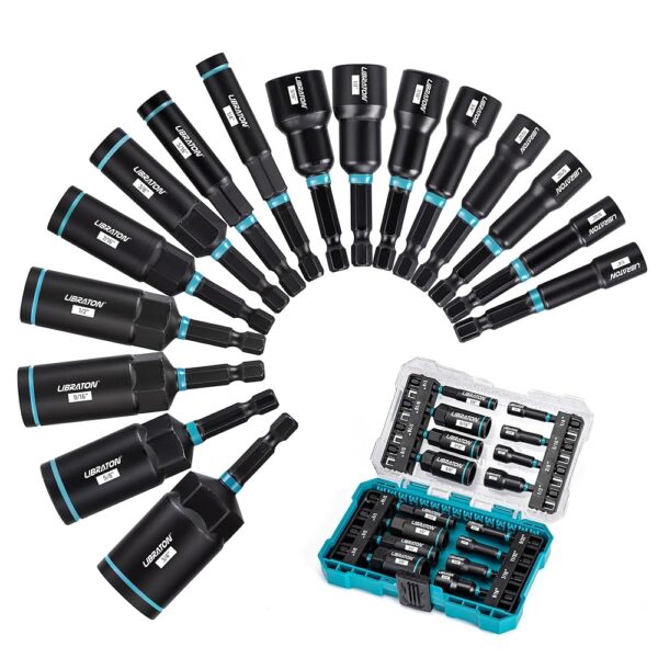 LIBRATON Magnetic Nut Driver Set, 16PCs Impact Driver Bit Set, Deep Nut Driver Set, SAE Nut Driver for Impact Drill, 1/4"-9/16" Nut Drivers and 1/4"-4/3" Deep Nut Drivers, with...