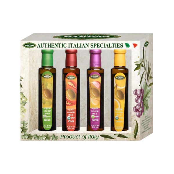 Mantova Organic Flavored Extra Virgin Olive Oil Variety Pack – Garlic, Basil, Chili, and Lemon (8.5 oz Bottles, Pack of 4) – Perfect for Cooking, Dressing, and a Great Gift Item