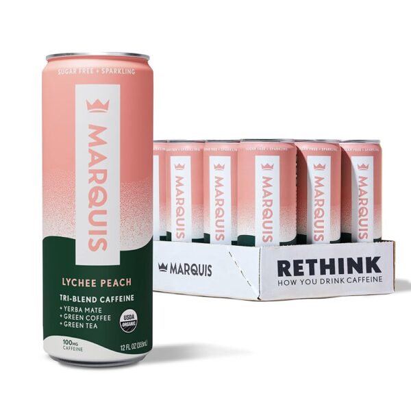 Marquis - Natural Energy Drink - Lychee Peach - Sugar Free - 0 Calories - 100mg of Organic Plant Based Caffeine - Yerba Mate - Green Tea - Vitamin C & B Vitamins - Vegan - 12 oz...