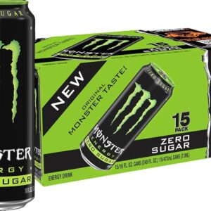 Monster Energy Zero Sugar, Green, Original, Low Calorie Energy Drink, 16 ounce (Pack of 15)